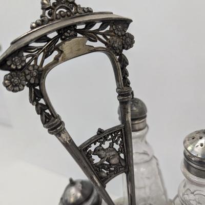 Vintage Antique Cruet Set Silver Plate Rotating Stand & Etched Glasses