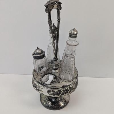 Vintage Antique Cruet Set Silver Plate Rotating Stand & Etched Glasses