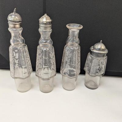 Vintage Antique Cruet Set Silver Plate Rotating Stand & Etched Glasses