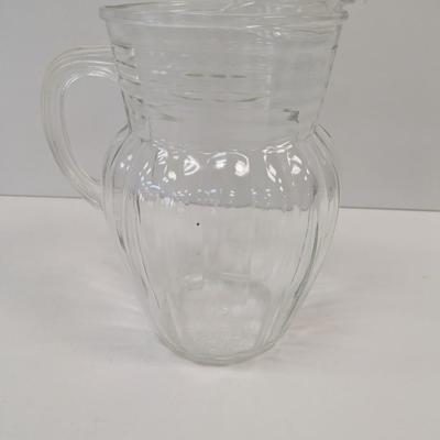 Anchor Hocking Clear Optic Pitcher Ringed Rib Top Band USA Mixing Bowl With Handle & Spout & Measuring Cup