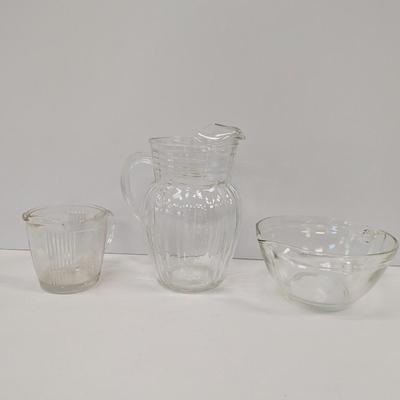 Anchor Hocking Clear Optic Pitcher Ringed Rib Top Band USA Mixing Bowl With Handle & Spout & Measuring Cup