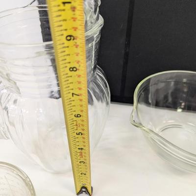 Anchor Hocking Clear Optic Pitcher Ringed Rib Top Band USA Mixing Bowl With Handle & Spout & Measuring Cup