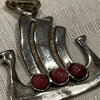 Sterling Viking ship with pink stone pendants