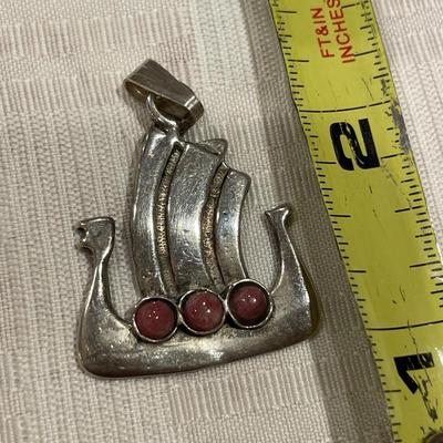 Sterling Viking ship with pink stone pendants
