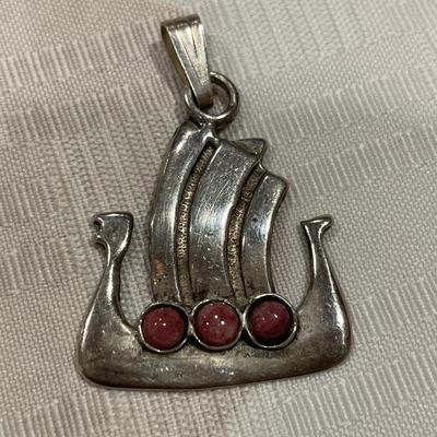 Sterling Viking ship with pink stone pendants