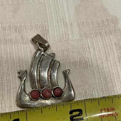 Sterling Viking ship with pink stone pendants
