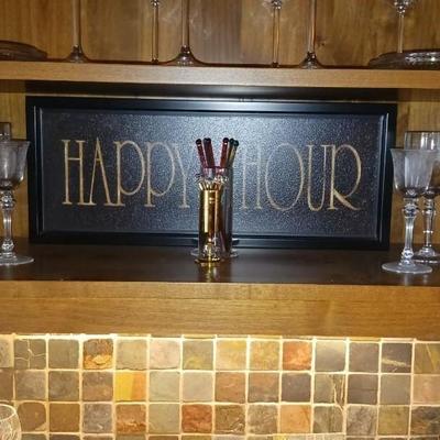 HAPPY HOUR SIGN, TWO TYPES OF STIR STICKS, VARIETY OF SHOT GLASSES