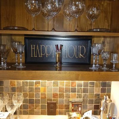 HAPPY HOUR SIGN, TWO TYPES OF STIR STICKS, VARIETY OF SHOT GLASSES