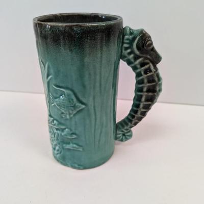 California Stoneware Seahorse Handle Raised Ocean Scene