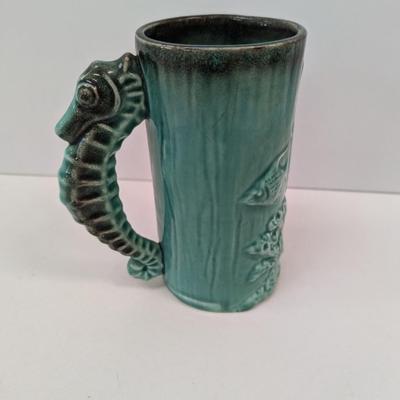 California Stoneware Seahorse Handle Raised Ocean Scene