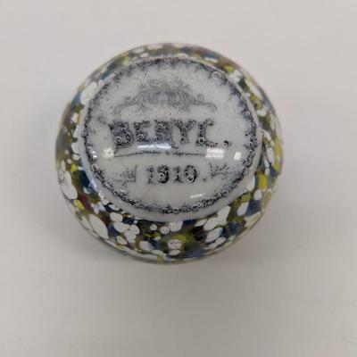 Glass Paperweight Dated 1910 "Beryl" Surface Scratches