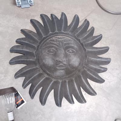 TIN WALL HUNG SUN, IRON SHEPHERD HOOK & A BIRDHOUSE