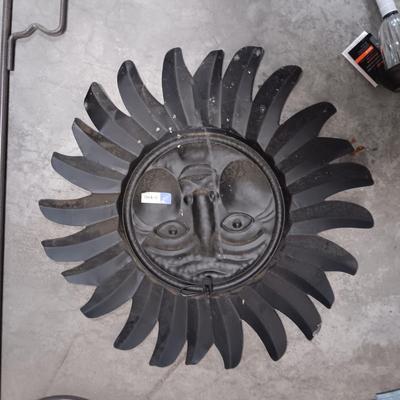 TIN WALL HUNG SUN, IRON SHEPHERD HOOK & A BIRDHOUSE