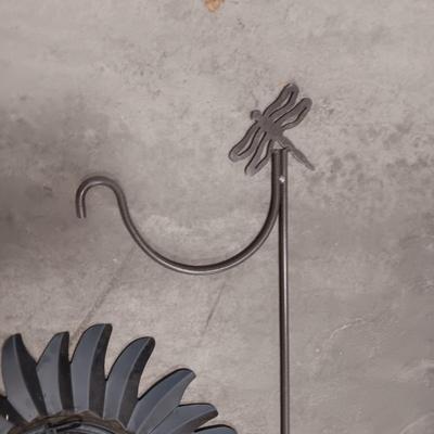 TIN WALL HUNG SUN, IRON SHEPHERD HOOK & A BIRDHOUSE