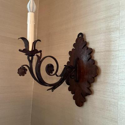 Pair of Stunning Large Aged Iron and Wood Antique Wall Sconses