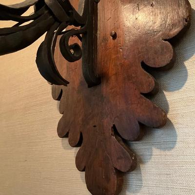 Pair of Stunning Large Aged Iron and Wood Antique Wall Sconses