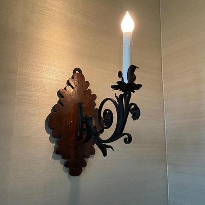 Pair of Stunning Large Aged Iron and Wood Antique Wall Sconses