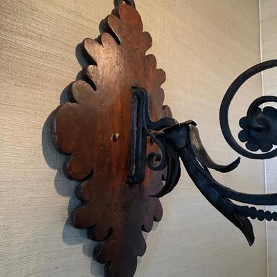 Pair of Stunning Large Aged Iron and Wood Antique Wall Sconses