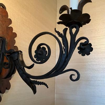 Pair of Stunning Large Aged Iron and Wood Antique Wall Sconses