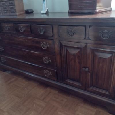 Vintage Sears Open Hearth Wood Stretch Dresser with Sweater Drawers in Walnut Finish (No Contents)