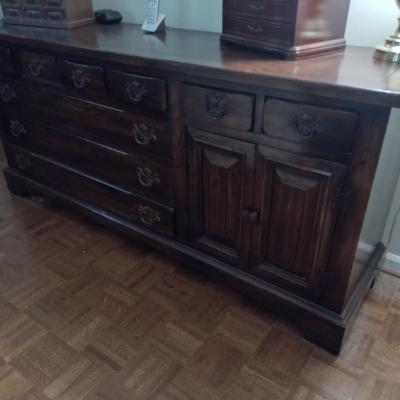 Vintage Sears Open Hearth Wood Stretch Dresser with Sweater Drawers in Walnut Finish (No Contents)