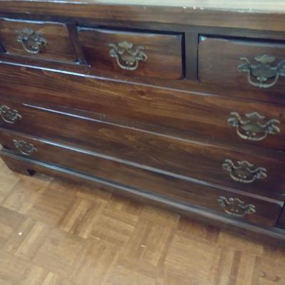 Vintage Sears Open Hearth Wood Stretch Dresser with Sweater Drawers in Walnut Finish (No Contents)