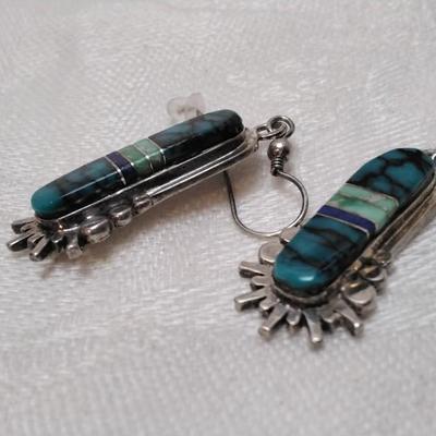 Handmade Zuni Turquoise, Green Turquoise and Lapis Lazuli 925 Earrings