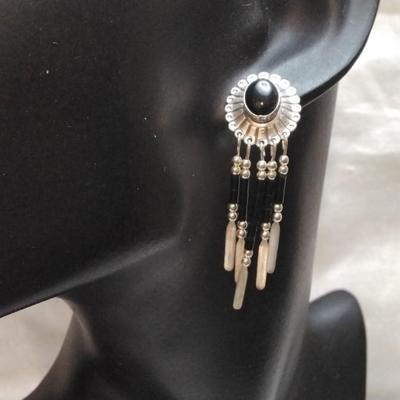 Signed Navajo Vintage Onyx Concho Fringe Drop 925 Earrings