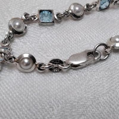 Aquamarine With FW Pearl Accents 7" 925 Bracelet