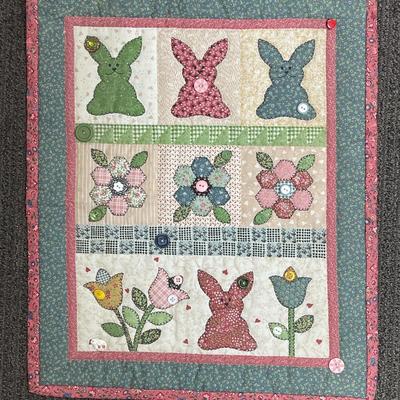 Handmade Quilted Wall Hanging Bunny Rabbits pinks blues
