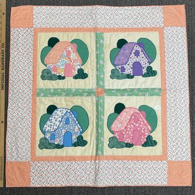 Handmade Quilted Wall Hanging Houses peach, pink, blue, purple