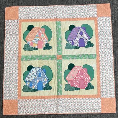 Handmade Quilted Wall Hanging Houses peach, pink, blue, purple
