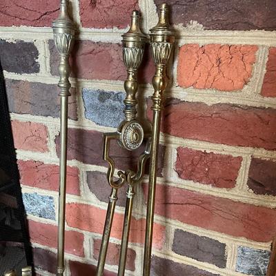 UC811 Set of Antique French Style Brass Andirons and Fireplace Tools