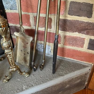 UC811 Set of Antique French Style Brass Andirons and Fireplace Tools