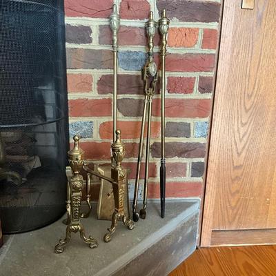 UC811 Set of Antique French Style Brass Andirons and Fireplace Tools