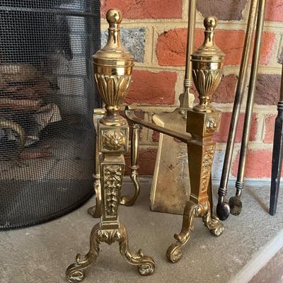 UC811 Set of Antique French Style Brass Andirons and Fireplace Tools