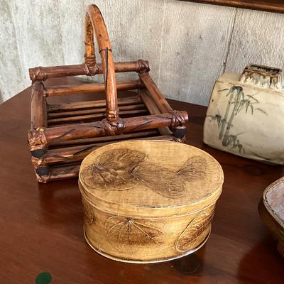 UB818 Asian Basket Lot with Pottery Vase and Covered oval box