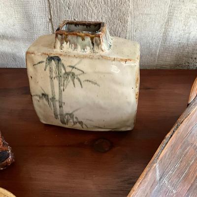 UB818 Asian Basket Lot with Pottery Vase and Covered oval box