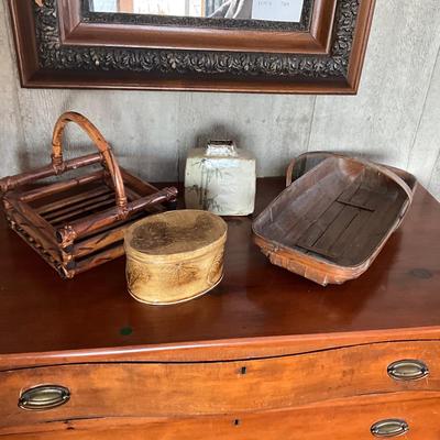 UB818 Asian Basket Lot with Pottery Vase and Covered oval box