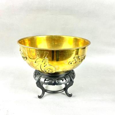 D819 Vintage Large Brass Chinese Character Bowl on Stand