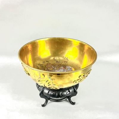 D819 Vintage Large Brass Chinese Character Bowl on Stand