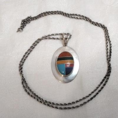 Navajo Lapidary Artist Calvin Desson Inlay Gemstone 925 30" Necklace