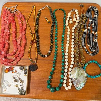 Gemstone Jewelry Lot - Tigers Eye, Amber, Hematite, Malechite