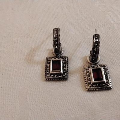 Antique Garnet and Marcasite 925 Earrings