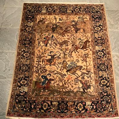 FB837 Vintage Oriental Wool Hunt Scene Persian Rug