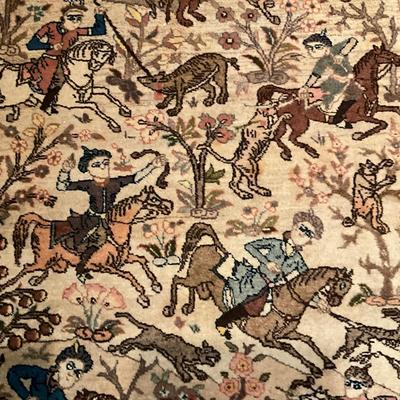 FB837 Vintage Oriental Wool Hunt Scene Persian Rug