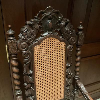 FB838 Antique Carved Oak Renaissance Cane Back Upholstered Arm Chair