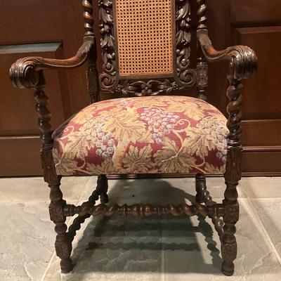 FB838 Antique Carved Oak Renaissance Cane Back Upholstered Arm Chair
