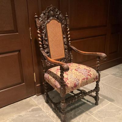 FB838 Antique Carved Oak Renaissance Cane Back Upholstered Arm Chair