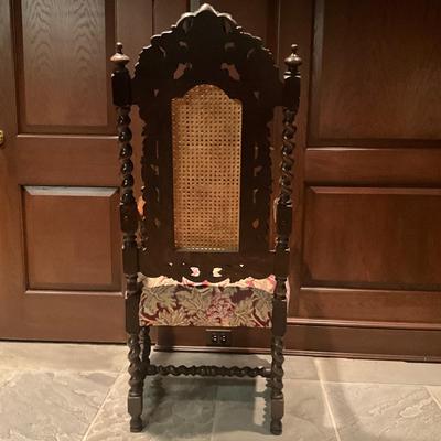 FB838 Antique Carved Oak Renaissance Cane Back Upholstered Arm Chair